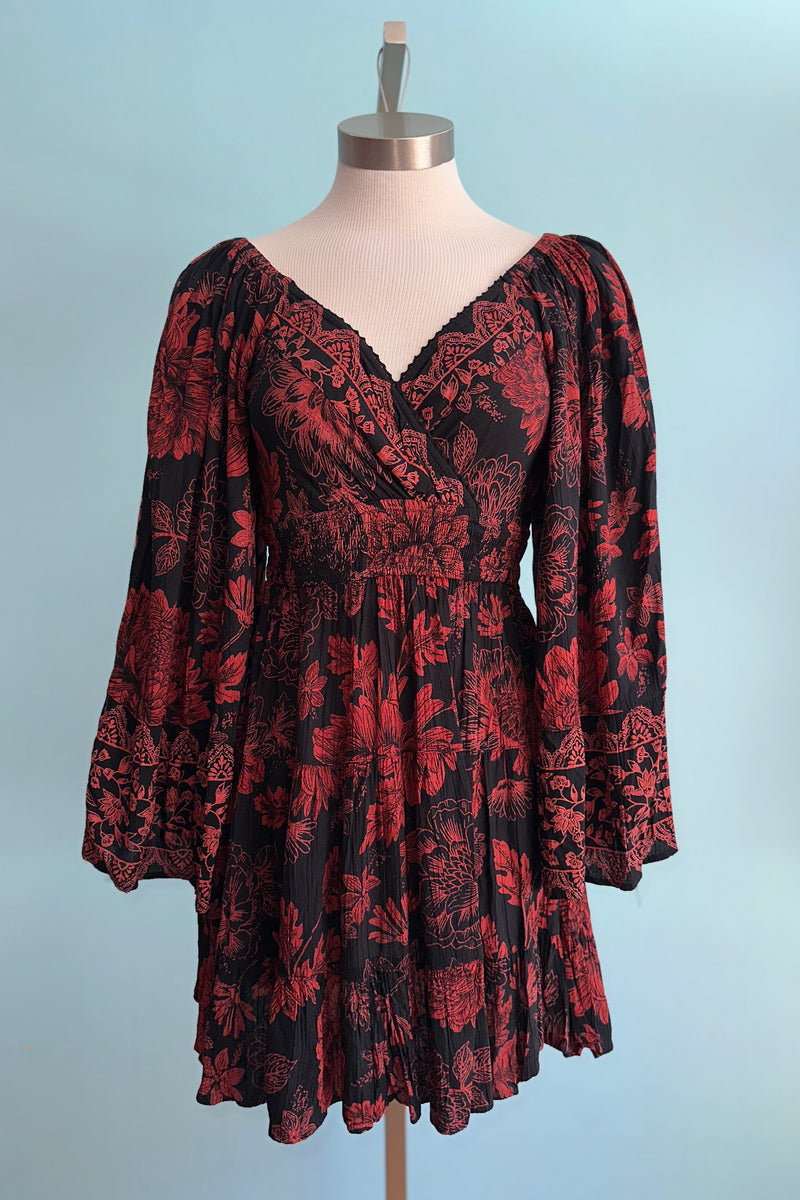 Burgundy and Black Floral Bell Sleeve Mini Dress by Angie – Modern Millie