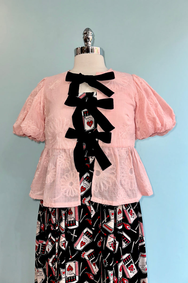 Bow Tie Floral Puff Sleeve Top in Pink