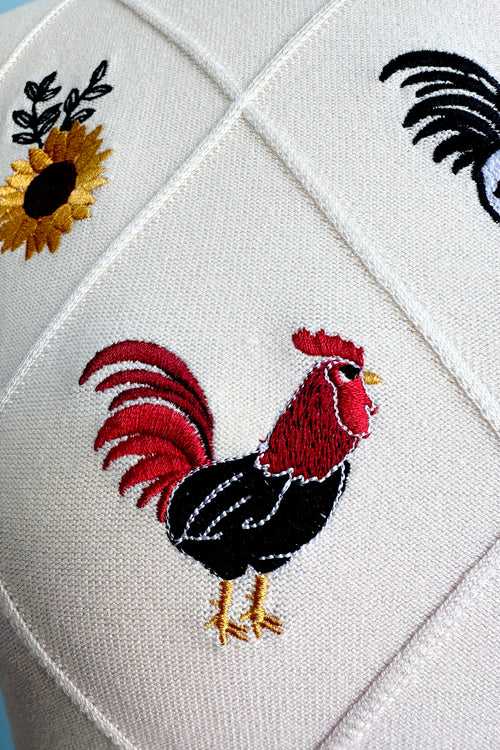 Cream Embroidered Chicken Short Sleeve Sweater