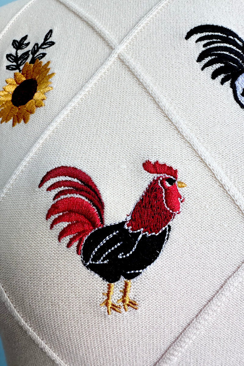 Cream Embroidered Chicken Short Sleeve Sweater