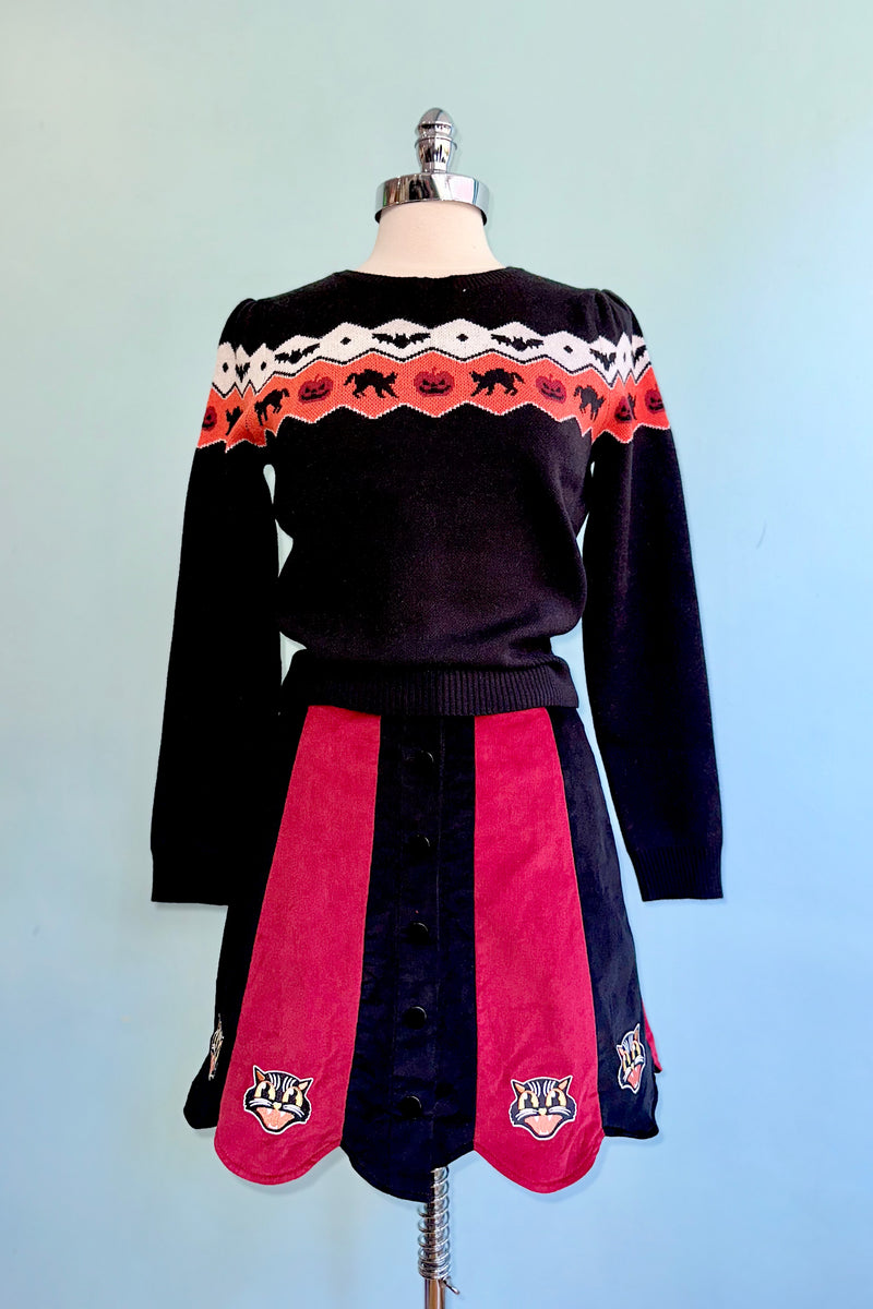 Burgundy and Black Spooky Cat Corduroy Mini Skirt
