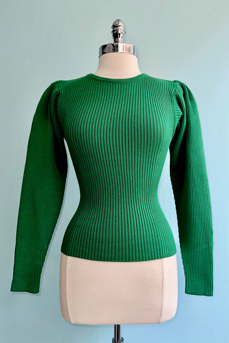 Green Ribbed Knit Puff Sleeve Sweater by Wild Pony