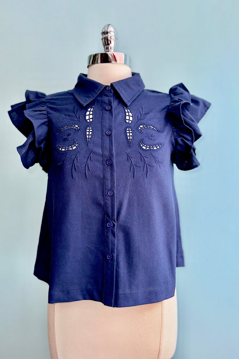 Navy Cut-Out Embroidered Button Down Top