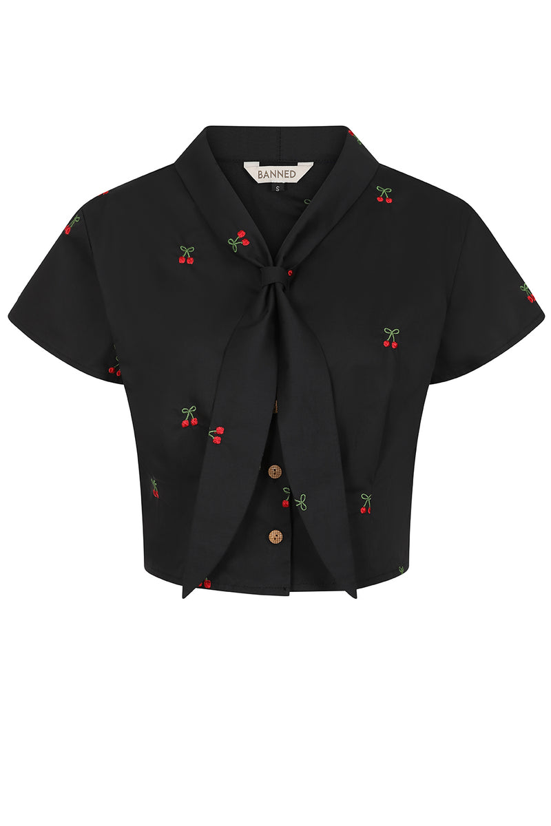 Cropped Button Down Cherry Top in Black by Banned