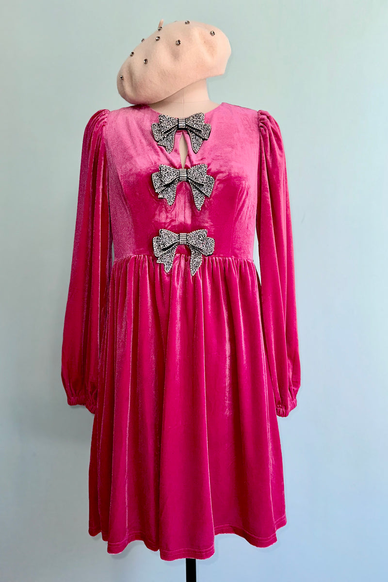 Pink Velvet Rhinestone Bow Mini Dress Modern Millie Pink Velvet Rhinestone Bow Mini Dress Modern Millie