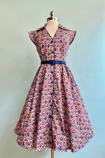 Blue Garden Floral Diamond Print Shirt Dress