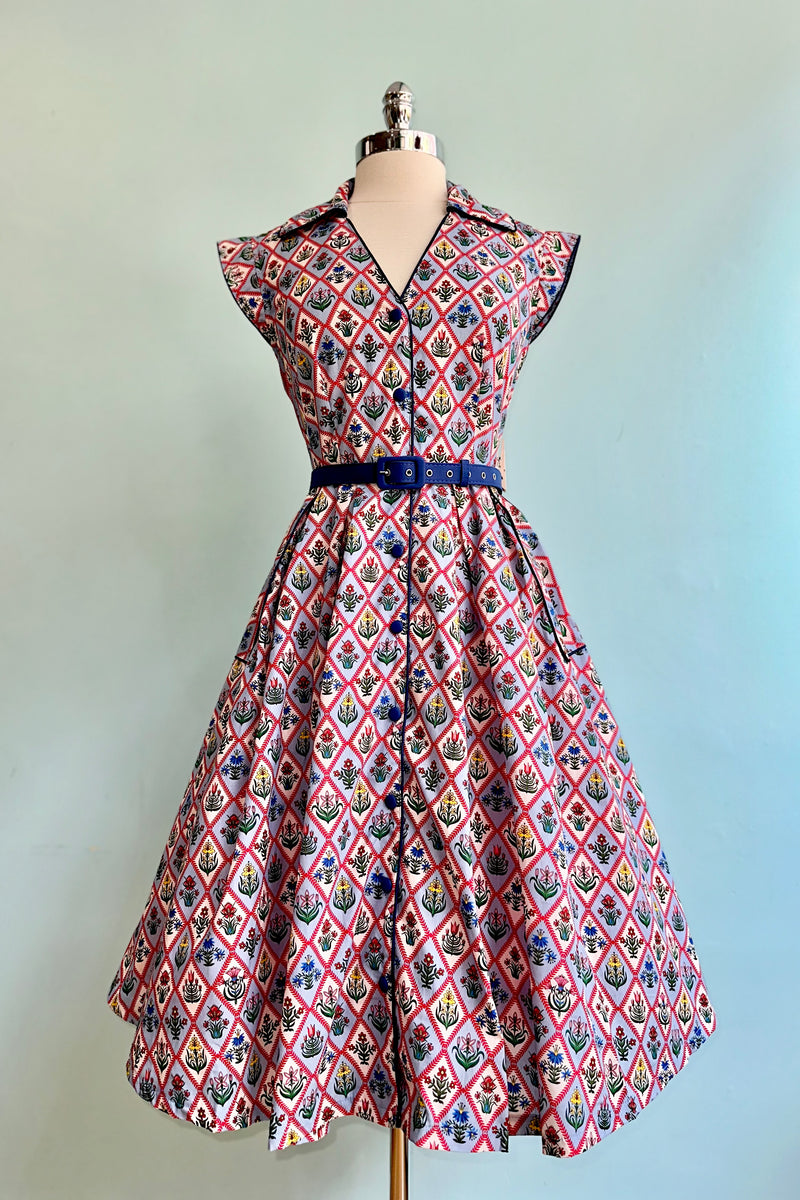 Blue Garden Floral Diamond Print Shirt Dress