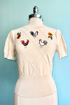 Cream Embroidered Chicken Short Sleeve Sweater