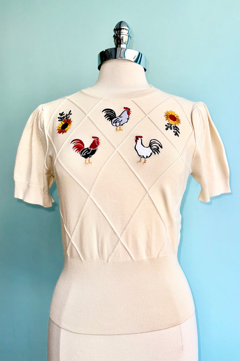 Cream Embroidered Chicken Short Sleeve Sweater