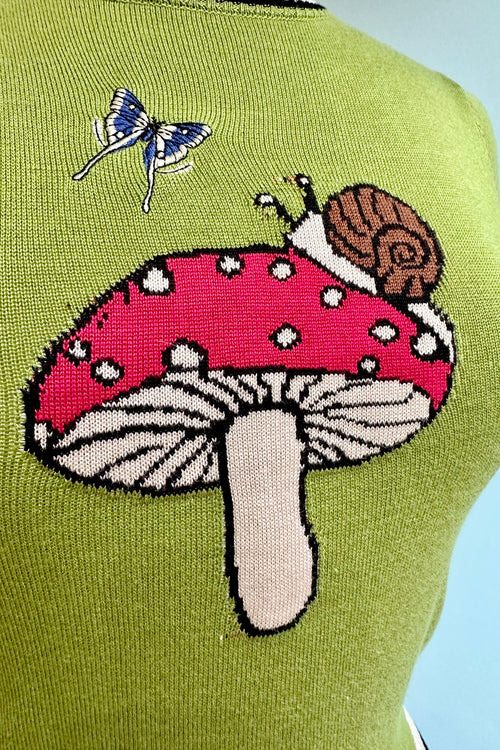 Green Moth Snail and Mushroom Knit Pullover Sweater by Voodoo Vixen