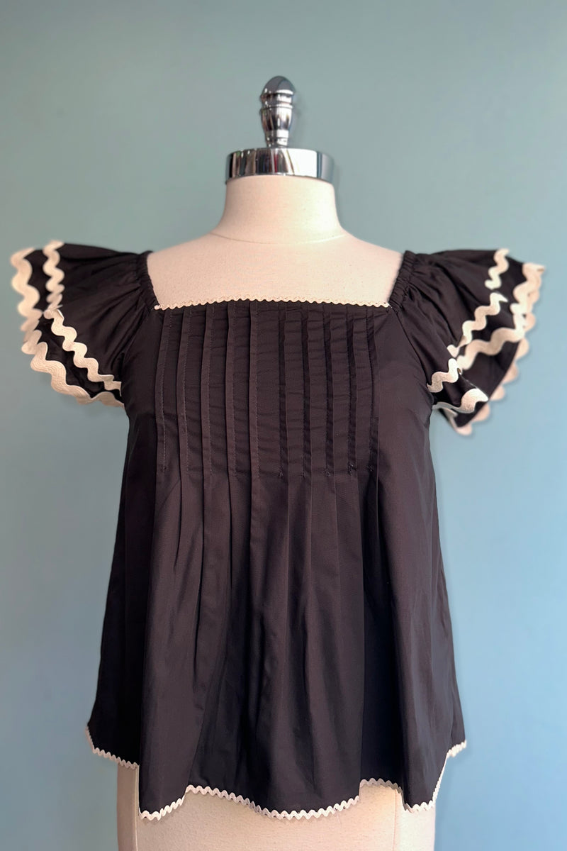 Black Flutter Sleeve Top with Ric-Rac Trim