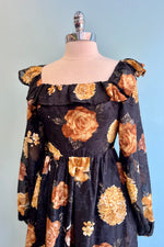 Black and Rust Floral Ruffle Trim Midi Dress