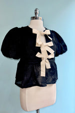 Bow Tie Floral Puff Sleeve Top in Black