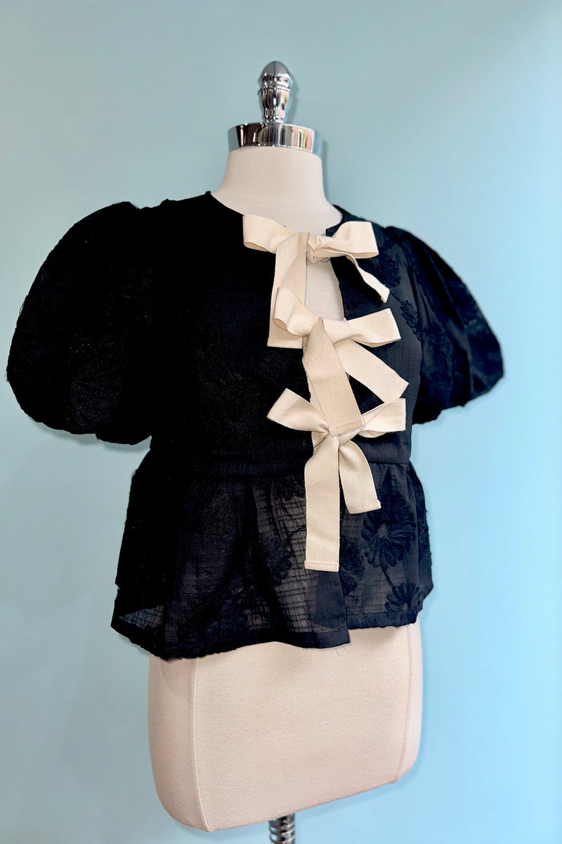 Bow Tie Floral Puff Sleeve Top in Black