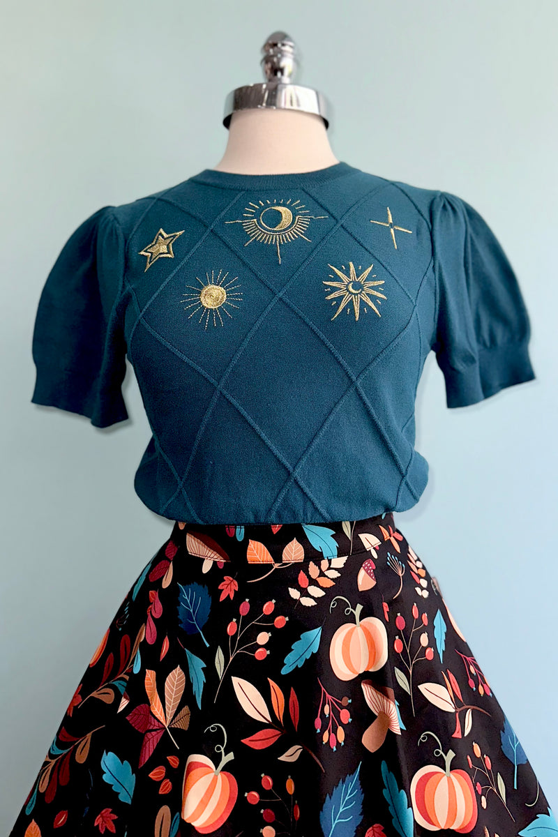 Celestial Gold Embroidered Short Sleeve Sweater in Green by Modern Millie!