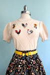 Cream Embroidered Chicken Short Sleeve Sweater