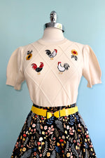 Cream Embroidered Chicken Short Sleeve Sweater