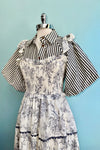 Charcoal and White Toile Smocked Midi Dress