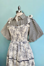 Charcoal and White Toile Smocked Midi Dress