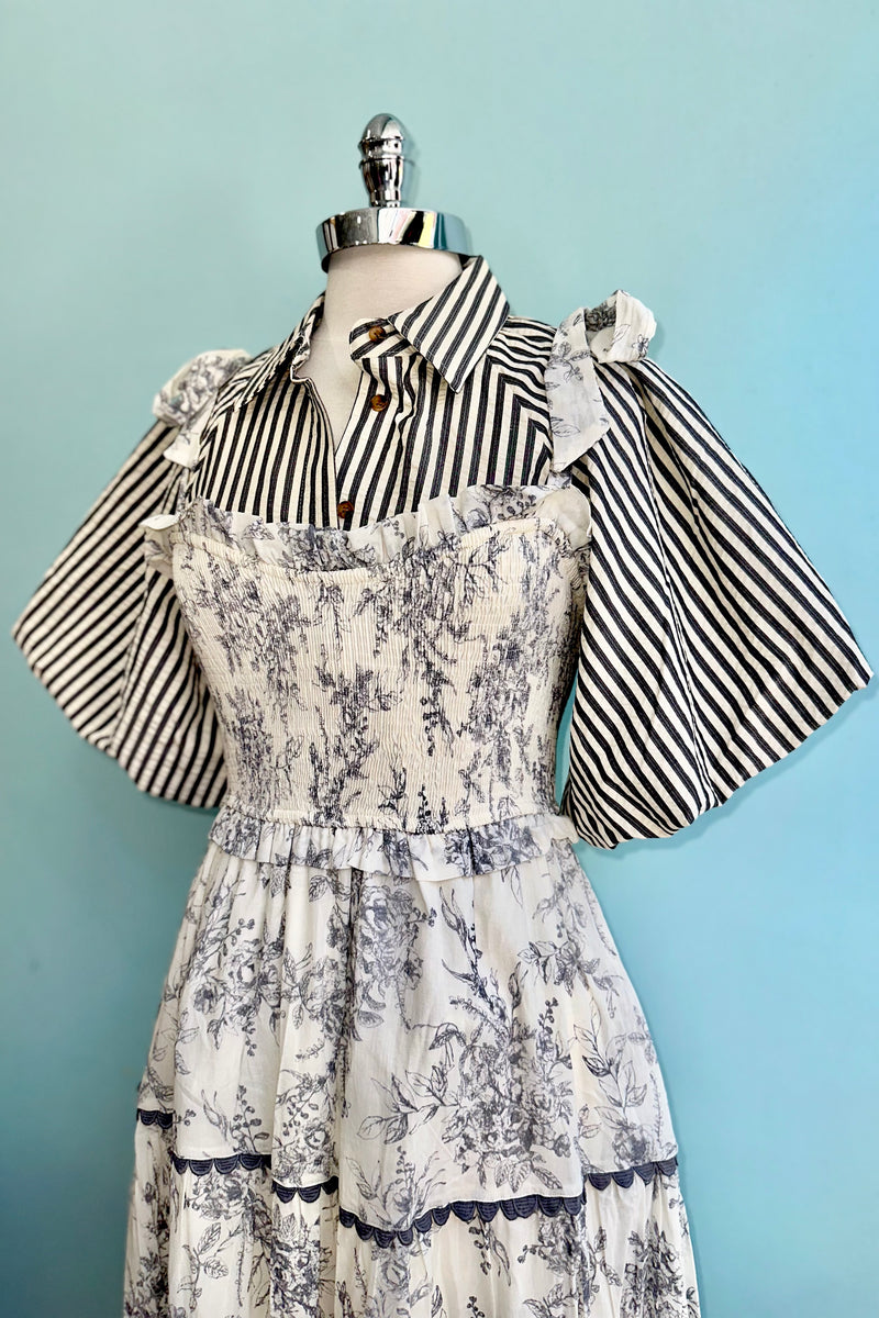 Charcoal and White Toile Smocked Midi Dress