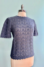 Dusty Blue Crochet Short Sleeve Sweater