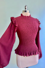 Burgundy Ruffled and Smocked Blouse by Molly Bracken