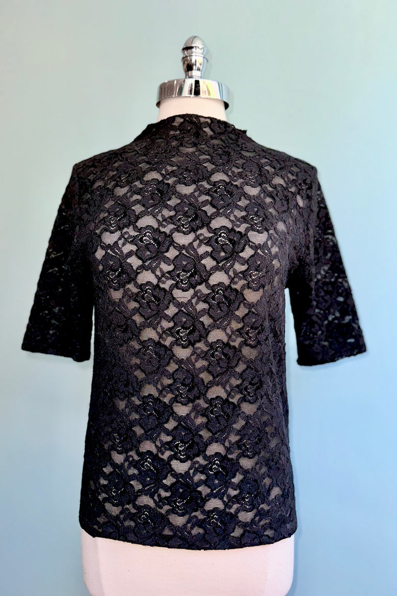 Black Lace Mock Neck 3/4 Sleeve Top by Molly Bracken
