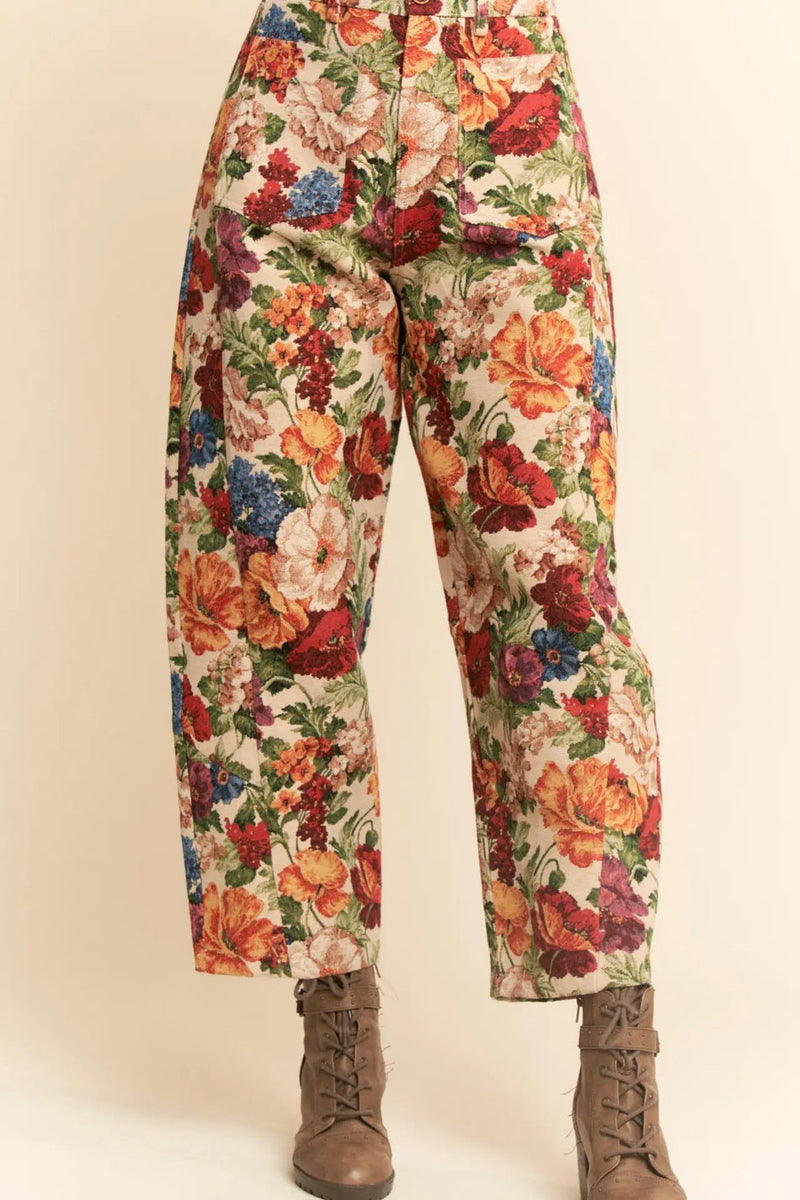 Floral Tapestry Barrel Leg Cropped Pants