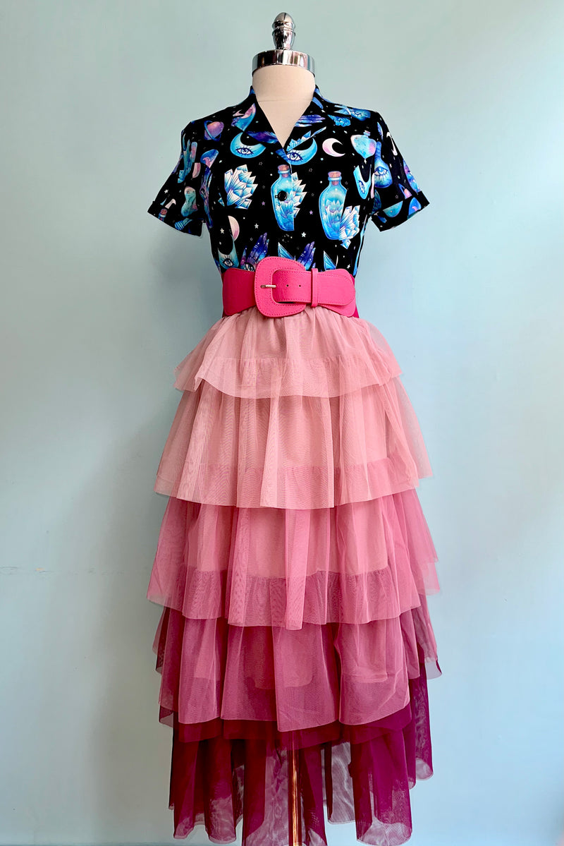Pink Gradient Tiered Midi Skirt