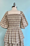 Brown Plaid Bubble Sleeve Square Neck Midi Dress