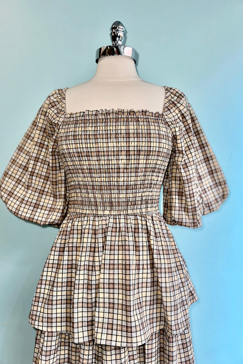 Brown Plaid Bubble Sleeve Square Neck Midi Dress