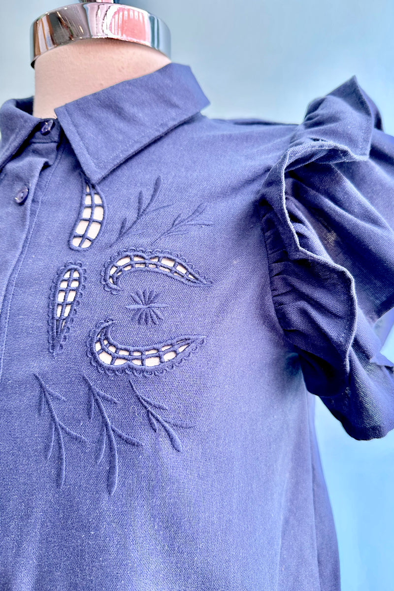 Navy Cut-Out Embroidered Button Down Top