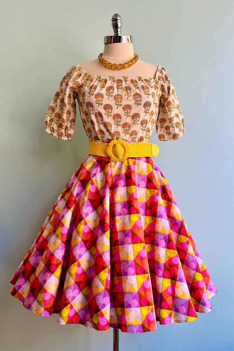 Pink Geometric Daisy Circle Skirt by Heart of Haute