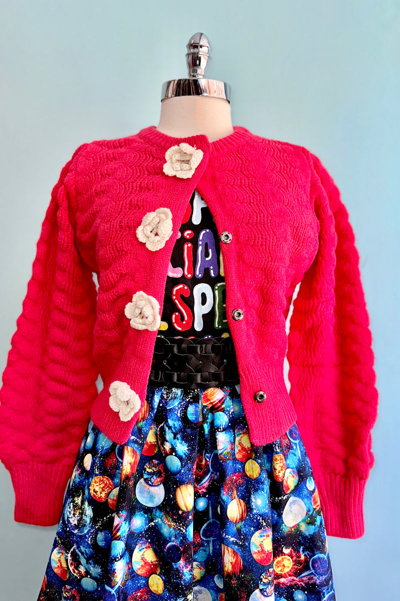 Red Knit Cardigan with Rosette Detail