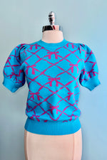 Blue and Pink Puff Sleeve Bow Sweater