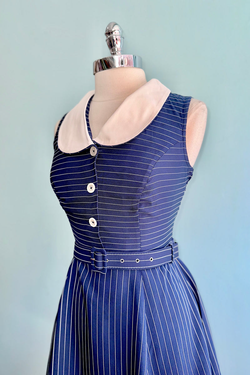 Knee Length Navy Pinstripe Costello Dress by Hell Bunny