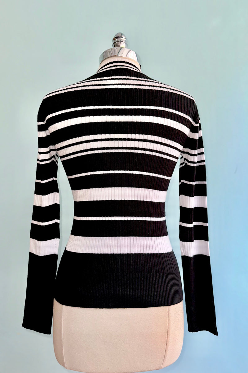 Black and White Striped Mock Neck Sweater by Voodoo Vixen