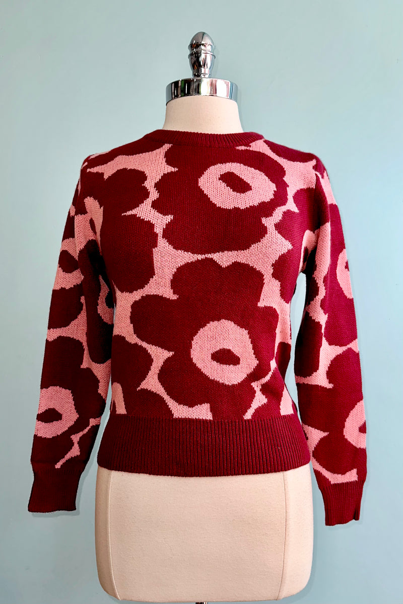 Pink & Burgundy Large Scale Floral Print Sweater