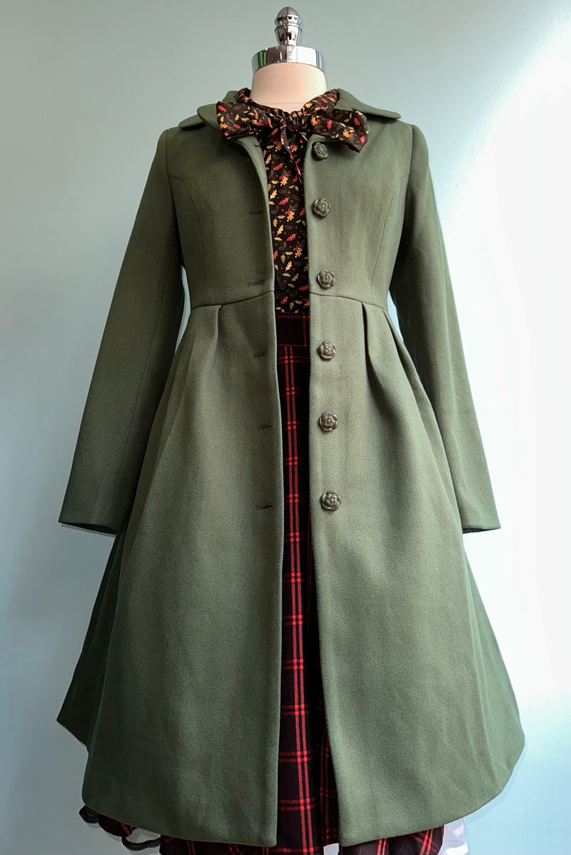 Olive Green 60's Pleated Coat by Voodoo Vixen