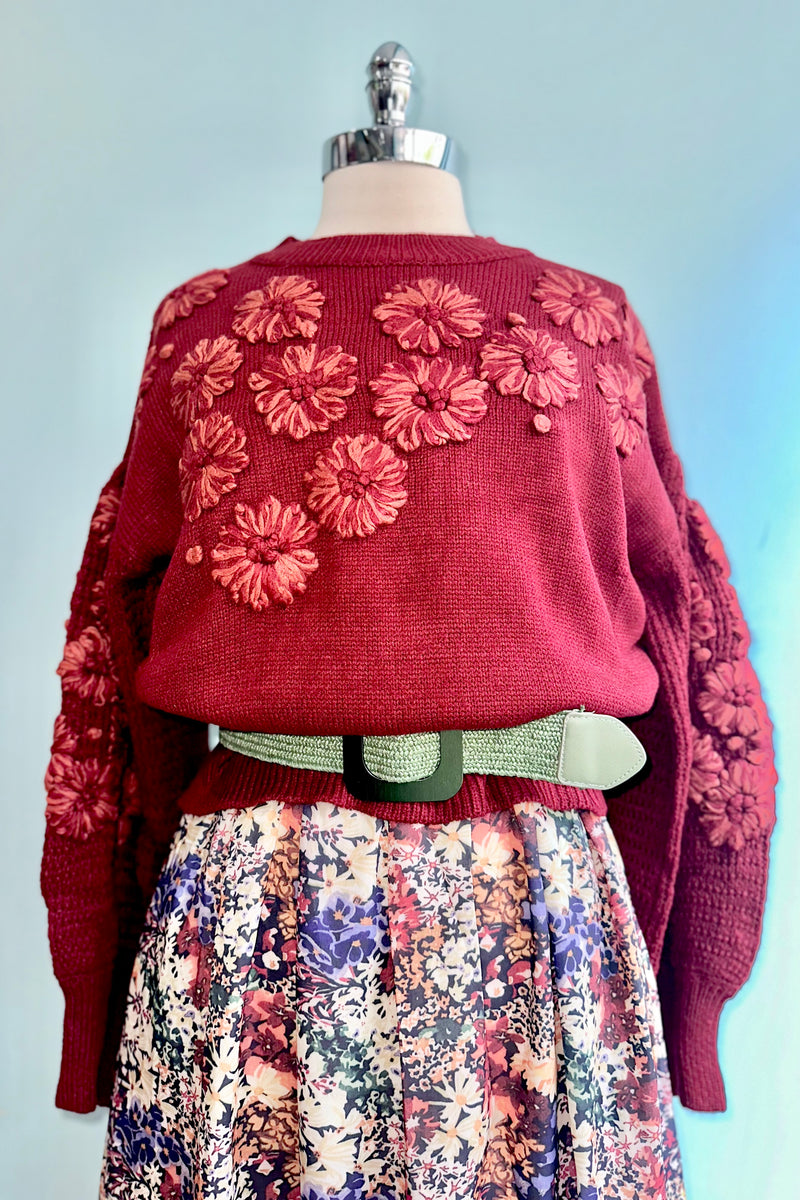 Crimson Embroidered Flower Detail Knit Sweater