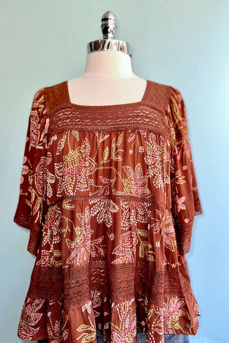 Lace Trim Tiered Top in Rust by Angie