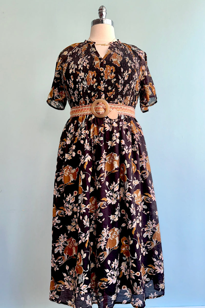 Black Floral Short Sleeve Midi Dress