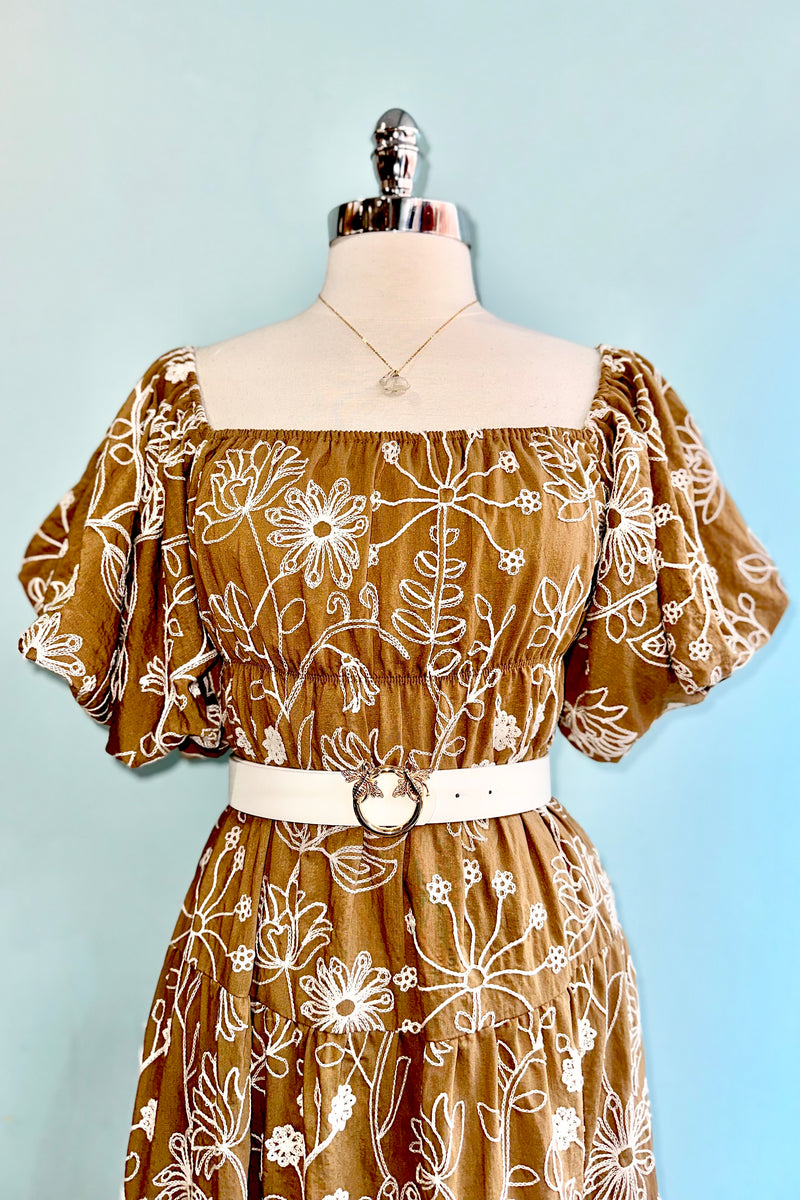 Light Brown Embroidered Puff Sleeve Midi Dress Small