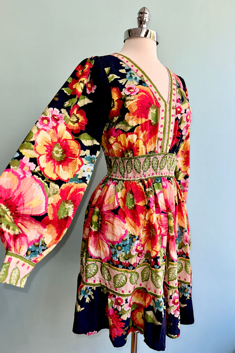Navy Floral Long Sleeve Mini Dress