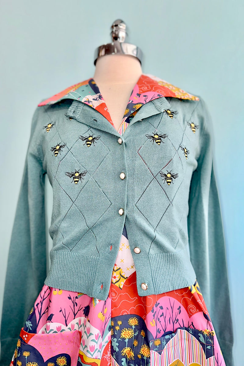 Bee Embroidered Diamond Cardigan in Blue by Voodoo Vixen – Modern