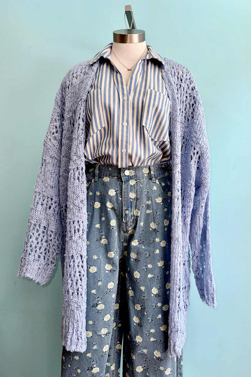 45R☆フロートケーブルのニットソーチュニック/サックスブルー♪ Blue Crochet Long Open Cardigan – Modern Millie