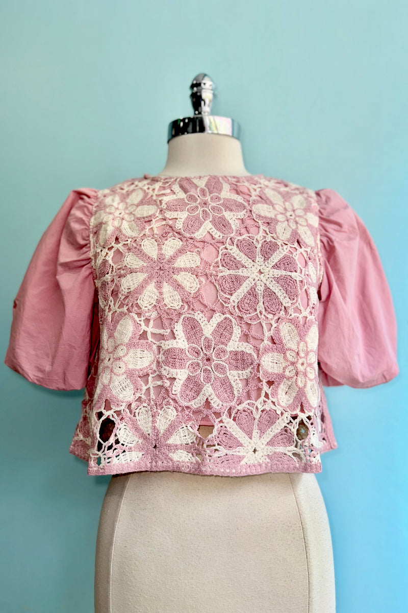 Pink Crocheted Bodice Balloon Sleeve Top