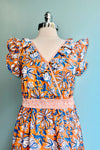Orange and Blue Floral Ruffle Sleeve Midi Dress