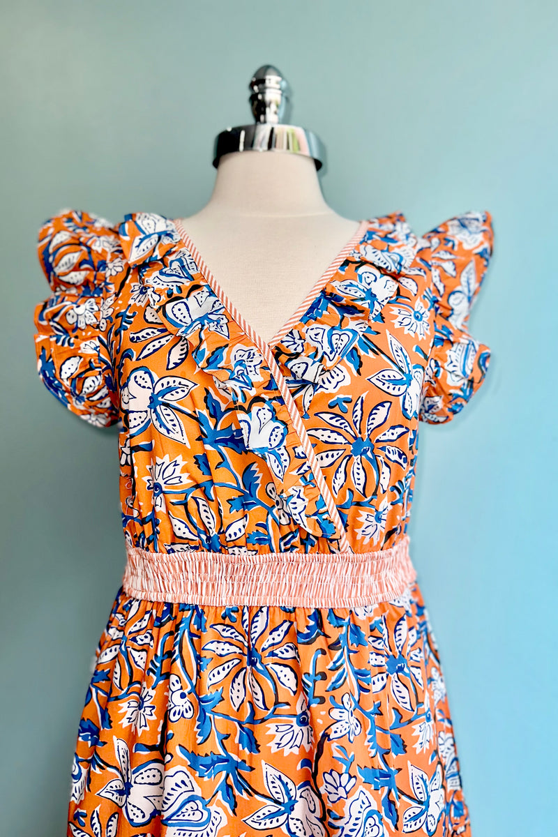 Orange and Blue Floral Ruffle Sleeve Midi Dress