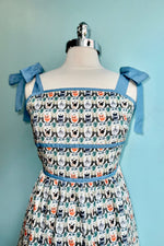 Cat Faces Tie Shoulder Smocked Midi Dress